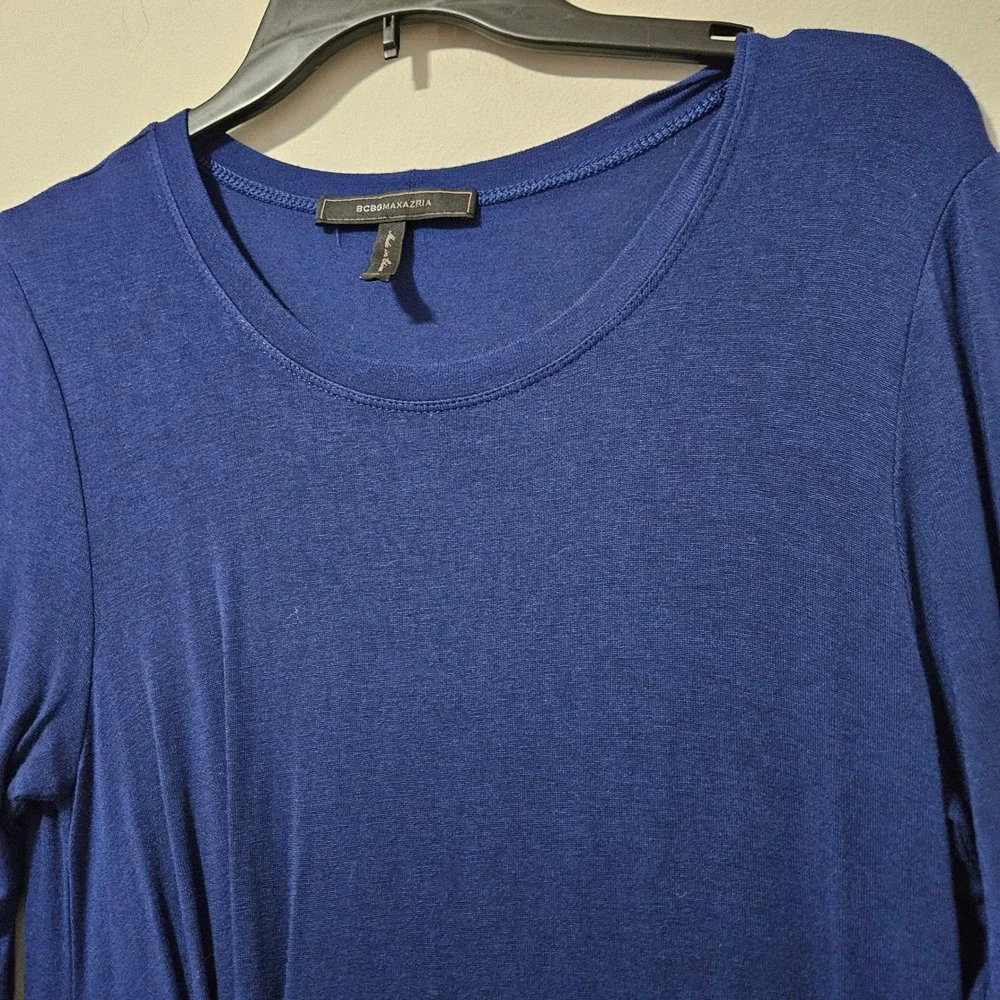 BCBGMAXAZRIA Navy‎ Blue Long Sleeve Asymmetrical Hem Pleated Waist Dress Medium